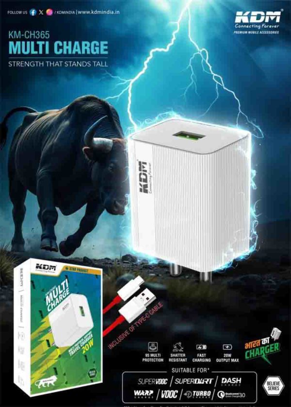 CH 365 USB Type-C Charger – 20W Fast Charging, Red Cable, Multi-Protocol, 9S Protection, Travel Friendly