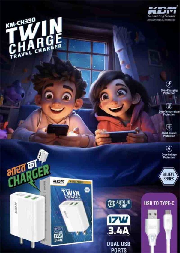 CH330 Twin USB to Type-C Charger – Dual USB Port, 3.4A 17W Fast Charging, Auto ID, Full Circuit Protection