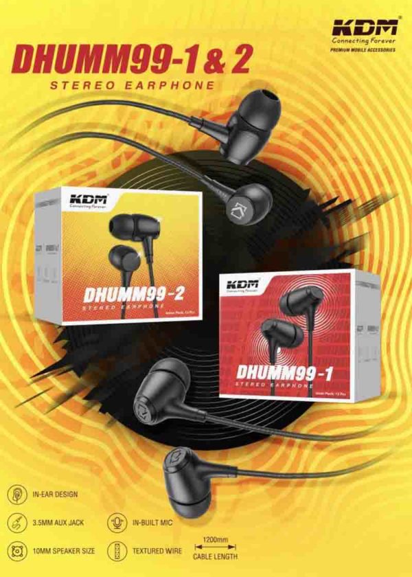 Dhoom 99 1&2 In-Ear Earphones – 3.5mm Jack, Super Bass, Mic, 1200mm Cable, Music & Call Controls, White & Black