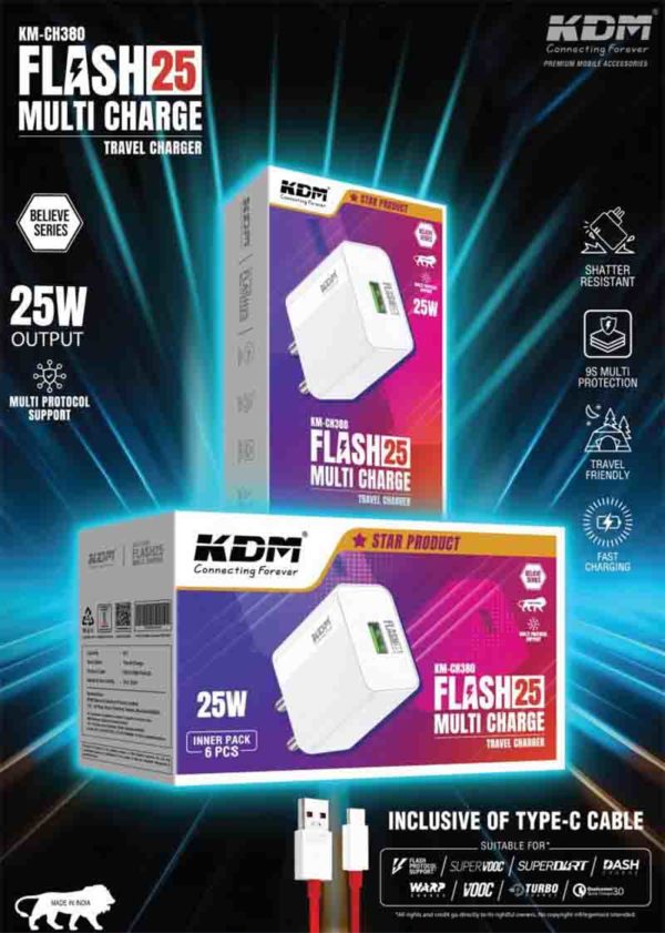 H 380 Flash 25 Multi Type-C Charger – 25W Fast Charging, Red Cable, 9S Protection, Shutter Resistant, Travel Friendly