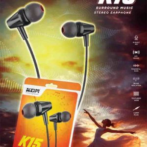 K15 In-Ear Wired Earphones – 3.5mm Jack, Black, Super Bass, Noise Isolation, Mic & Media Controls