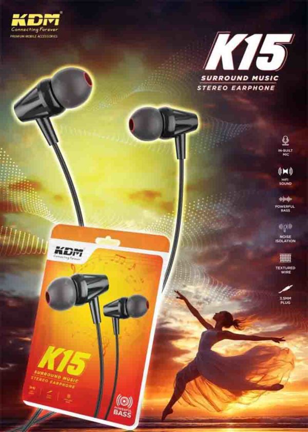 K15 In-Ear Wired Earphones – 3.5mm Jack, Black, Super Bass, Noise Isolation, Mic & Media Controls