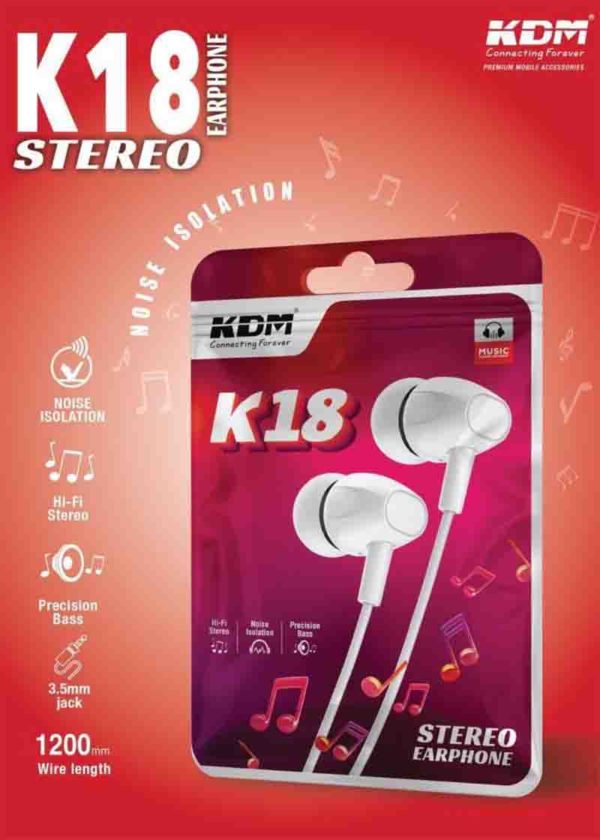 K18 In-Ear Wired Earphones – 3.5mm Jack, Black & White, Noise Isolation, Super & Precision Bass, Mic