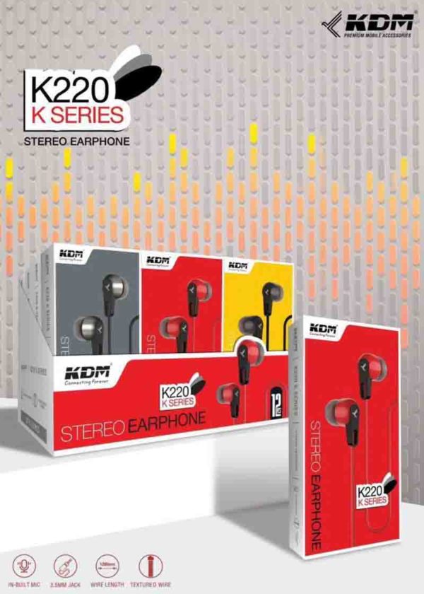 K220 In-Ear Wired Earphones – 3.5mm Jack, Black/Red/Grey, Super Bass, Textured Cable, Inbuilt Mic