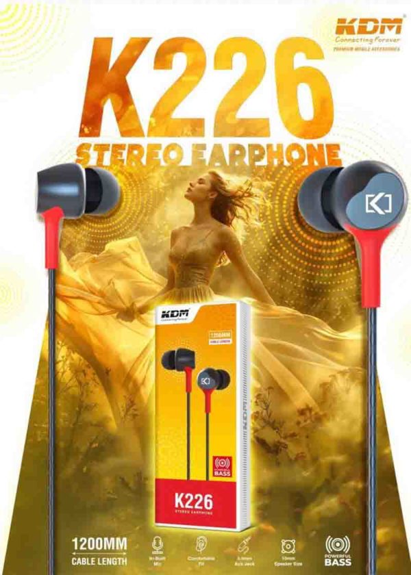 K226 In-Ear Earphones – 3.5mm Jack, Black/White/Grey/Blue, Super Bass, 10mm Driver, Comfort Fit, Mic & Media Control