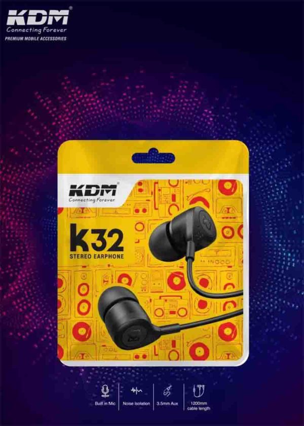 K32 In-Ear Wired Earphones – 3.5mm Jack, Black/White, Noise Isolation, Super Bass, Mic & Music Controls