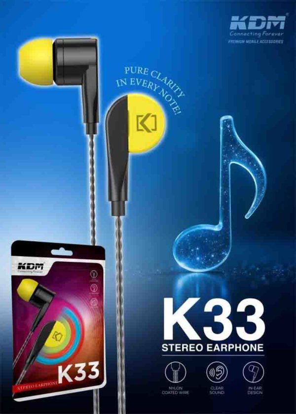 K33 In-Ear Earphones – 3.5mm Jack, Black/White/Red, Nylon Coated Cable, Super Bass, Mic & Music Controls