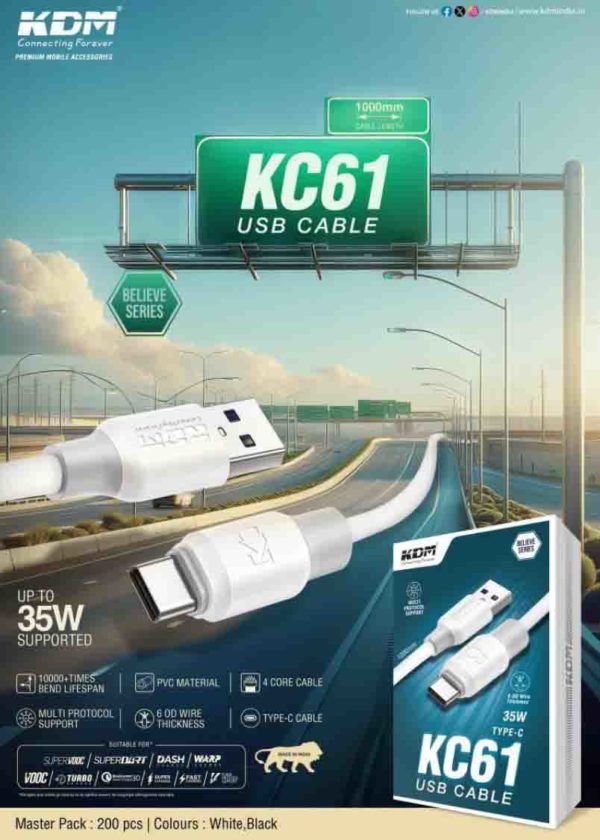 KC 61 USB Type C Cable Up To 35W Supported 4 Core 1000 mm