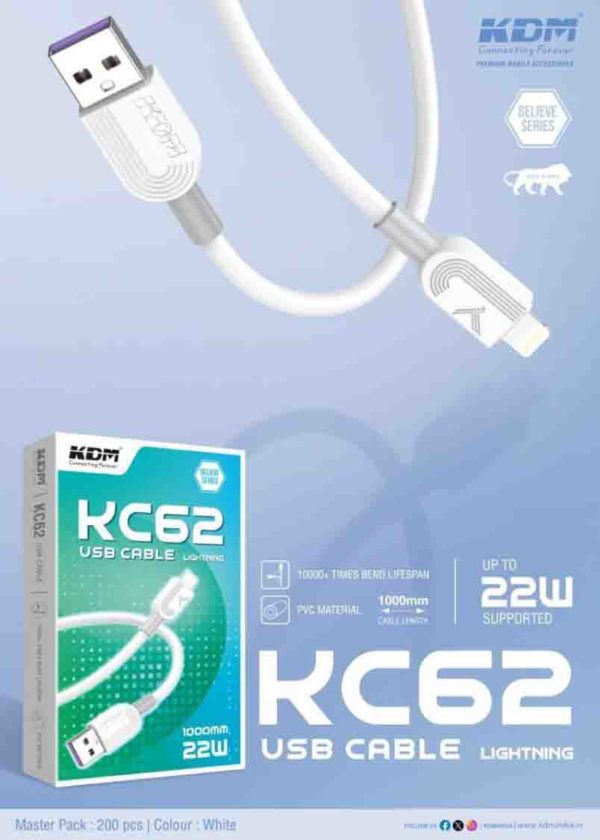 KC 62 Lightning USB Cable 22W Fast Charging Cable Length 1000 MM