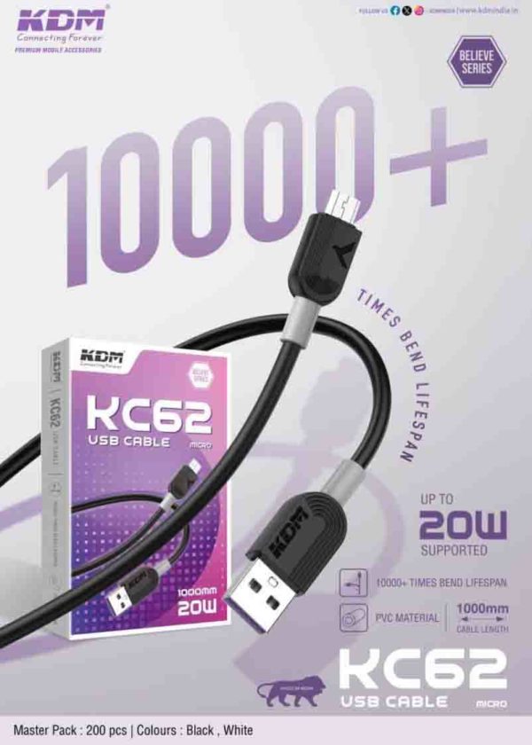 KC 62 Micro USB Cable 20W Fast Charging Cable Length 1000 MM