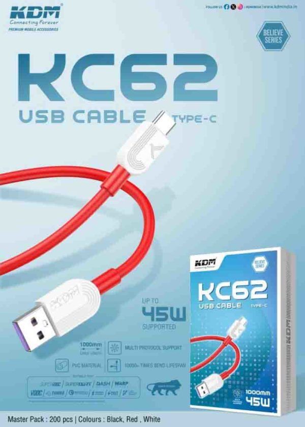 KC 62 USB Type Cable 45W Fast Charging Cable Length 1000 MM