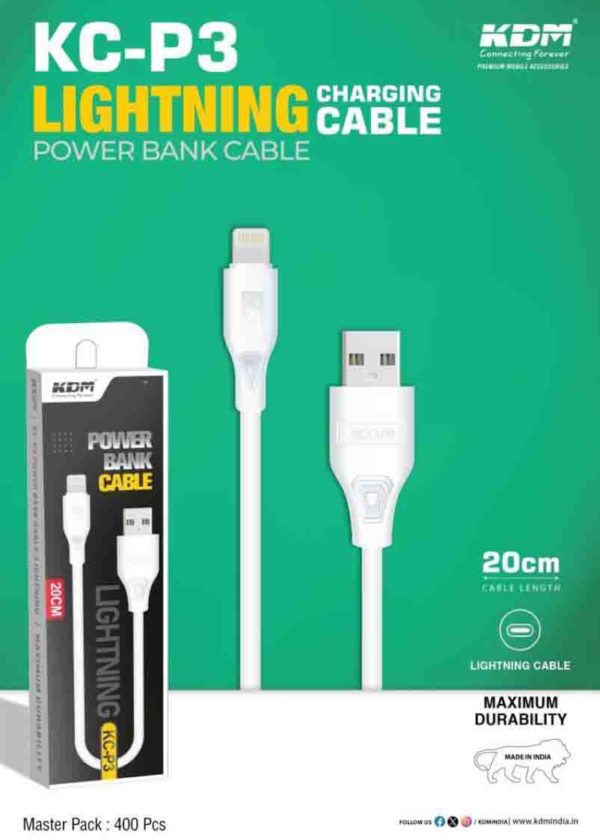KC P3 Lightning USB Power Bank Charging Cable Fast Charging Cable Length 20CM Color White