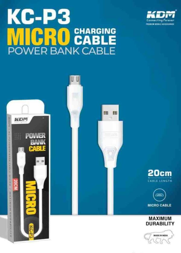 KC P3 Micro USB Power Bank Cable – 20CM Fast Charging (White)