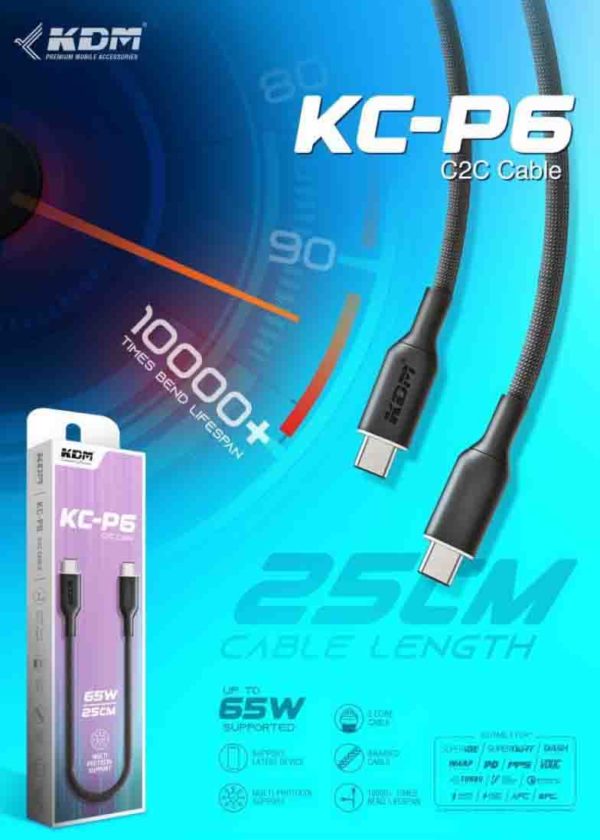 KC P6 C2C 65W USB-C Braided Cable – 25CM Multi-Protocol Fast Charging (Black)