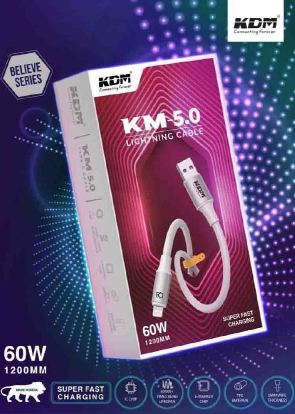 KM 5.0 Lightning Cable – 1200MM 60W Super Fast Charging, IC Chip, TPE, 6mm Thick