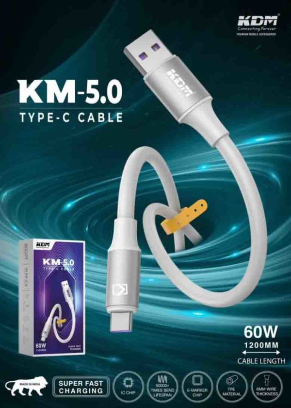 KM 5.0 USB Type-C Cable – 1200MM 60W Super Fast Charging, IC Chip, TPE, 6mm Thick