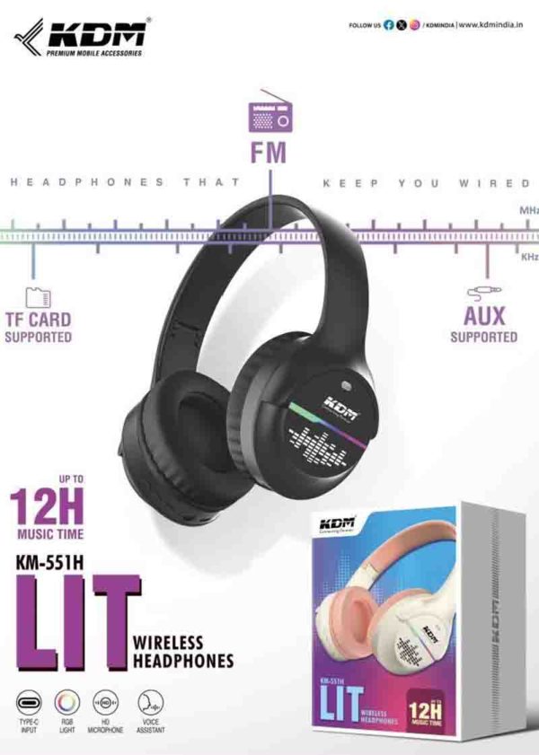 KM 551H Lit Wireless Headphones – RGB Light, 12-Hour Playtime, FM/TF/AUX, HD Mic, Voice Assistant, Type-C Charging