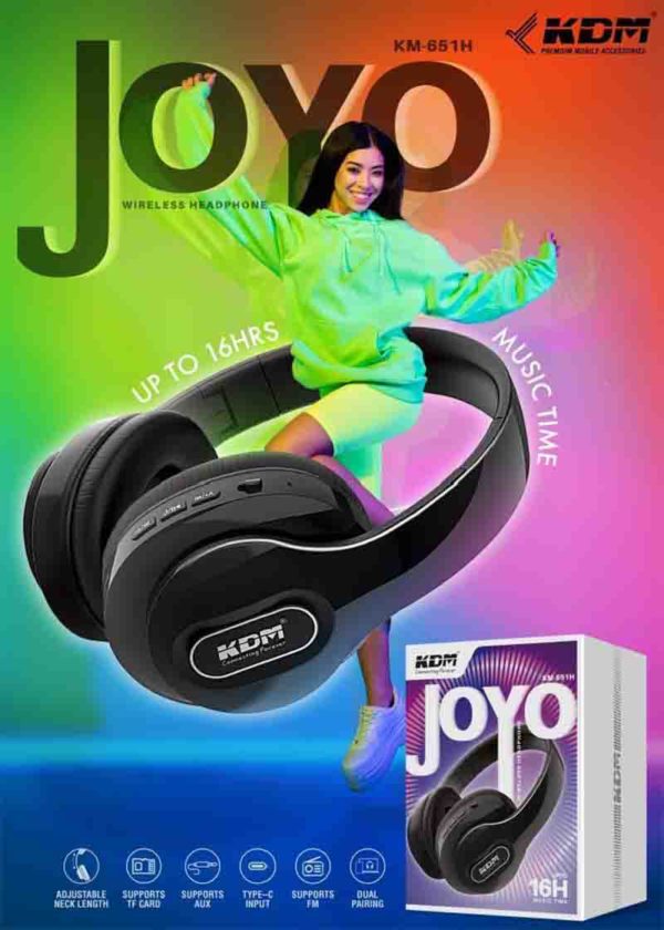 KM 651H Joyo Wireless Headphones – 16-Hour Playtime, FM/TF/AUX Support, Voice Assistant, Type-C Charging, Adjustable Neckband