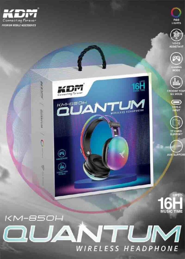 KM 850H Quantum Wireless Headphones – Gaming Mode, RGB Lights, EQ Customization, 16H Playtime, FM/TF/AUX, Voice Assistant