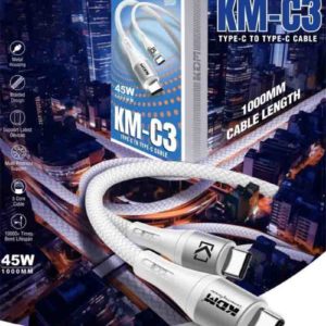KM C3 USB-C to USB-C 45W Braided Cable – 1000MM Metal Housing, Multi-Protocol, High-Core (White)