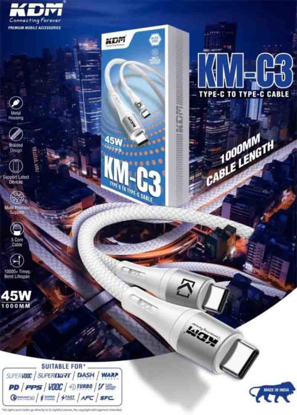 KM C3 USB-C to USB-C 45W Braided Cable – 1000MM Metal Housing, Multi-Protocol, High-Core (White)