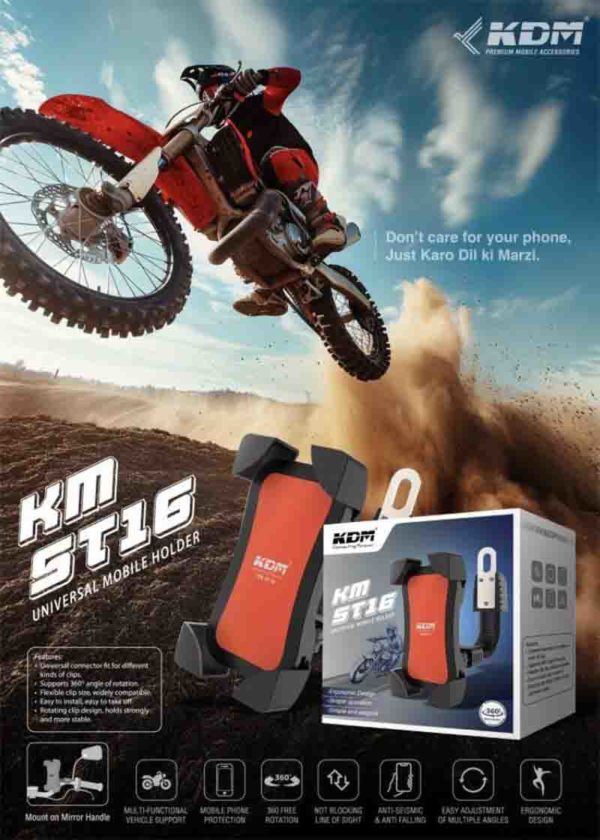 KM ST-16 Bike Stunt Mobile Holder – 360° Rotation, Multi-Colour, Shockproof, Ergonomic Design