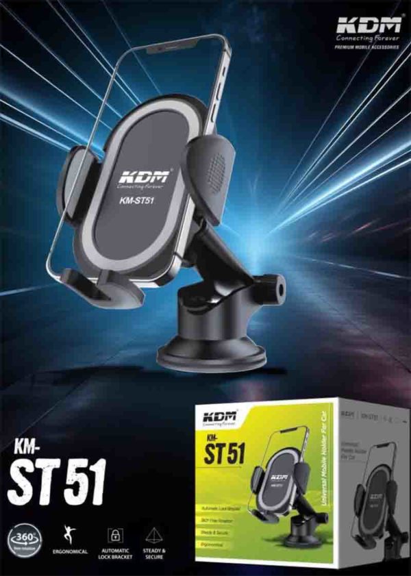 KM ST-51 Car Mobile Holder – 360° Rotation, Black, Ergonomic Design, Auto-Lock, Sturdy & Secure Bracket