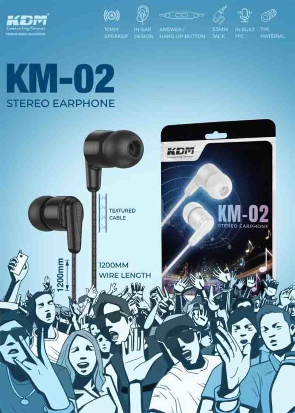 KM02 In-Ear Earphones – 3.5mm Jack, Black White, PTE Build, 10mm Driver, Super Bass, Mic & Media Contro