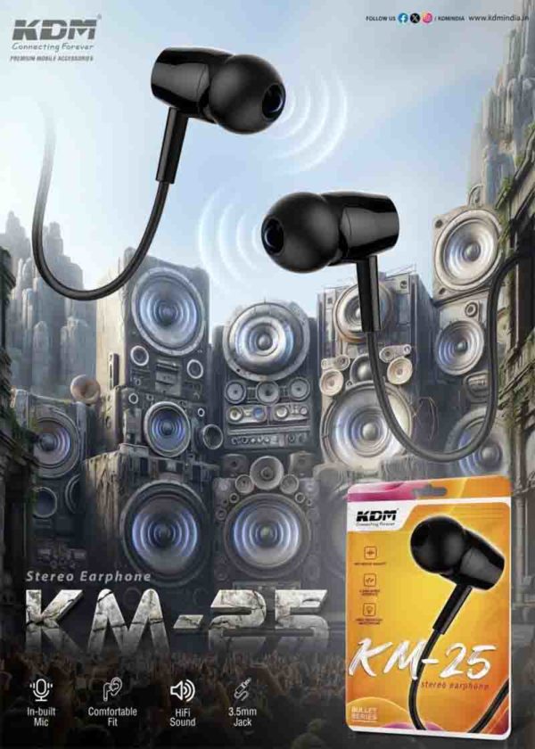 KM25 In-Ear Wired Earphones – 3.5mm Jack, Black White, Super Bass, Comfort Fit, Mic & Media Control