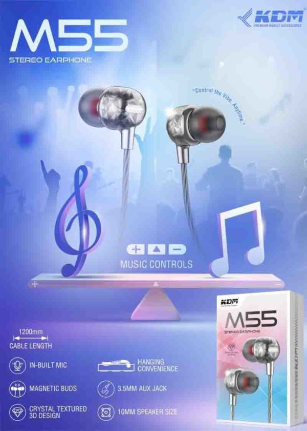 M55 In-Ear Magnetic Earphones – 3.5mm Jack, Metallic Gray, 3D Crystal Textured Design, Music Control, Mic