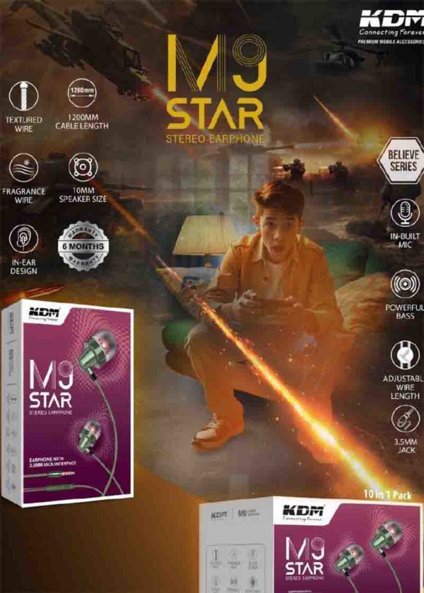 M9 Star In-Ear Earphones – 3.5mm Jack, Green, Fragrance Wire, Adjustable Length, Super Bass, 10mm Driver, Premium Mic