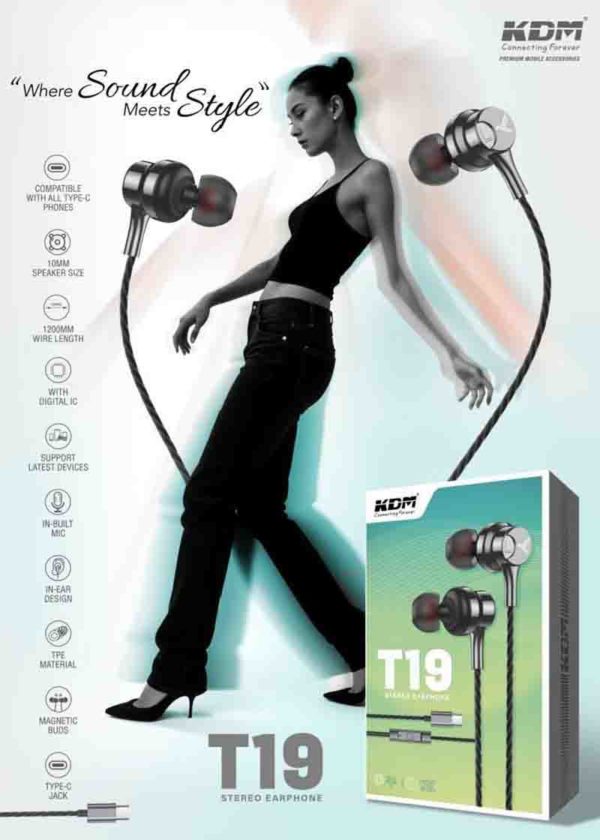 T19 Type-C Earphones – Metallic Gray, 10mm Driver, Magnetic Buds, Digital IC, Premium Build, Mic & Media Controls