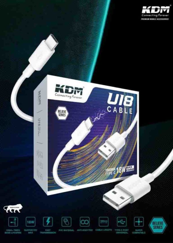 U18 USB Type-C 18W Cable – 1000MM Fast Charging, Quick Transmission, Anti-Knock PVC (White)