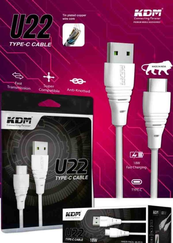 U22 USB Type-C 18W Cable – Fast Transmission, Tinned Copper Core, Super Compatible (White)