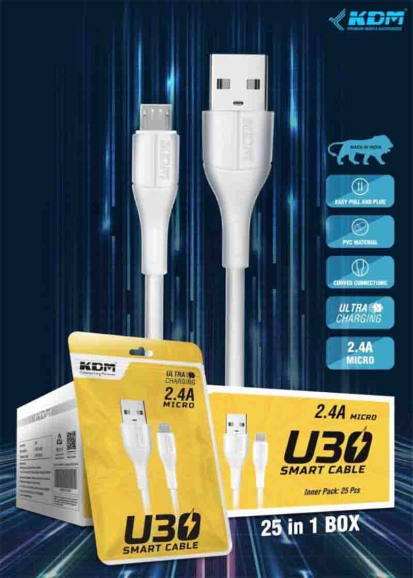 U30 Micro USB 1000MM Cable – Fast Transmission, Curved Connector, White PVC