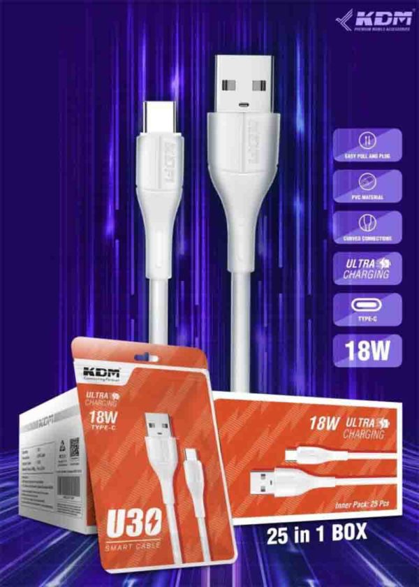 U30 USB Type-C 1000MM Cable – Fast Transmission, Curved Connector, White PVC
