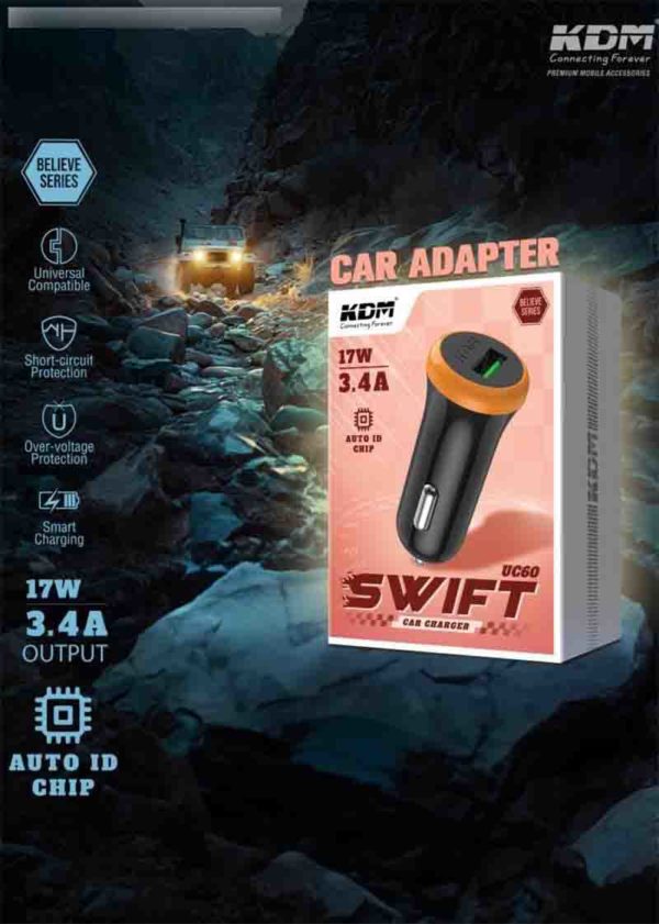 UC 60 Swift Car Adapter – 3.4A 17W Output, Auto ID, Over Voltage & Current Protection, Universal Compatibility
