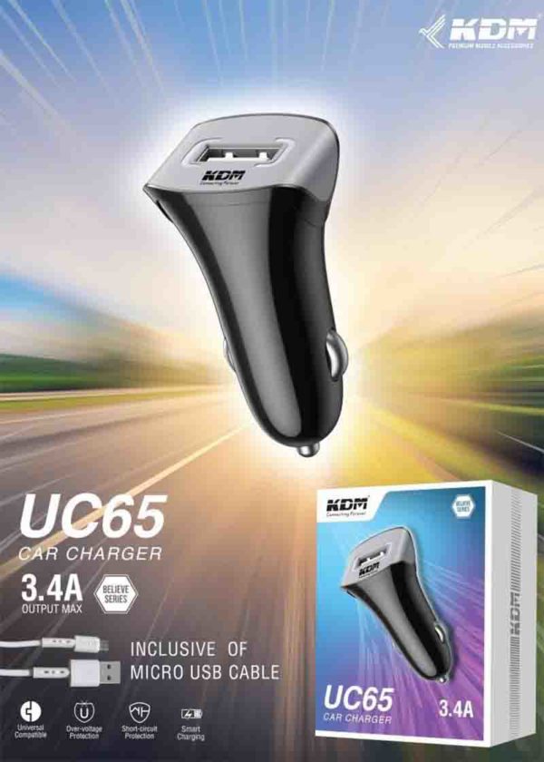 UC 65 Car Micro USB Charger – 3.4A 17W Output, Over-Voltage & Current Protection, Universal Compatibility