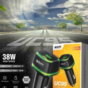 UC 95 Type-C Car Charger – 38W Fast Charging, USB + PD Output, Over Voltage & Current Protection, Universal Compatibility