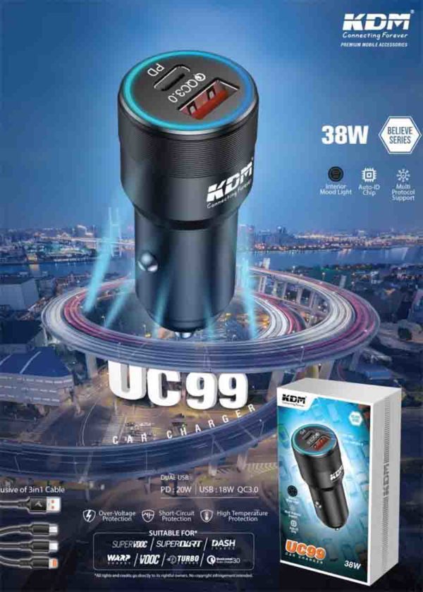 UC 99 Dual Port 3-in-1 Charger – 38W Fast Charging, Micro/Type-C/Lightning, Zinc Alloy, Moonlight Design, Full Protection