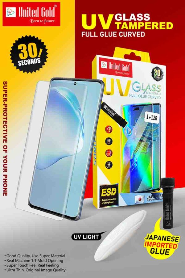 United Gold UV Full Glue Curved Tempered Glass – Ultra Thin, Japanese Glue, 3D Mould Fit, Super Touch & Image Clarity